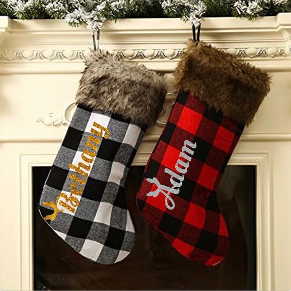 Custom Christmas Stockings, Personalized with the Name of your Choice, in Gold or Silver, Christmas Farmhouse, Plaid Christmas Stockings