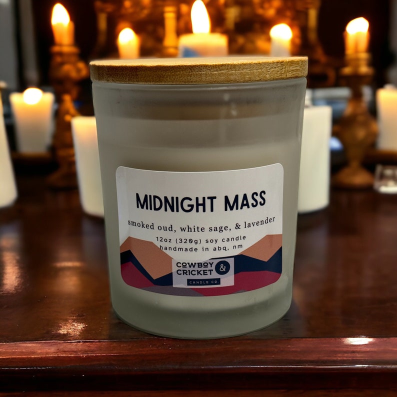 Midnight Mass Soy Candles and Melts Smoked Oud, White Sage, & Lavender Netflix Inspired 12 oz Frosted Jar Candle