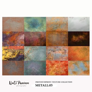 May include: A grid of sixteen textured backgrounds in various colors and patterns. The textures include rusty metal, distressed paint, and abstract designs. The image includes the text "PHOTOSYMPHONY TEXTURE COLLECTION METALL:03" and the photographer's name.