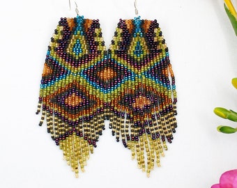 Seed bead native boho fringe earrings Beaded violet green earrings