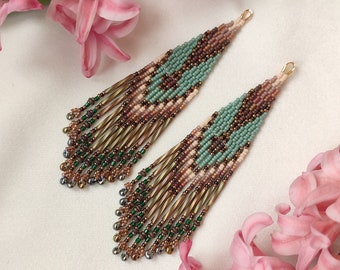 Miyuki seed beads bright boho Bohemian turquoise brown ombre fringe earrings Beaded handmade beadwork dangle earrings