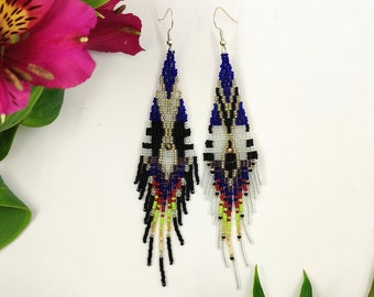 Beaded asymmetrical Bohemian fringe earrings Seed bead boho white black colorful gradient stylish dangle  earrings