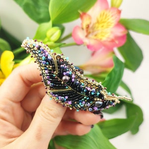 Seed bead embroidery feather brooch Beaded shimmering black purple gold bird pin Unique artisan one of a kind jewelry