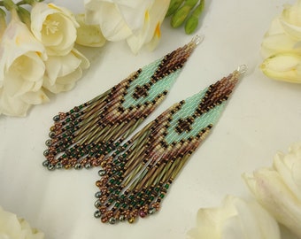 Miyuki seed beads bright boho Bohemian turquoise brown ombre fringe earrings Beaded handmade beadwork dangle earrings