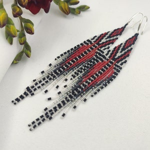 Seed bead native feather fringe earrings Beadwork Bohemian red Grey black dangle artisan earrings One of a kind unique boho chic style