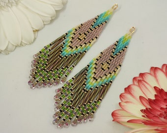 Shimmering green violet pink Miyuki seed bead fringe boho Bohemian artisan gentle unique earrings Beadwork beaded handmade