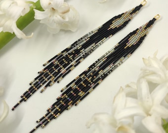 Black bronze Gray Delica seed beads fringe long earrings Boho Bohemian artisan ombre