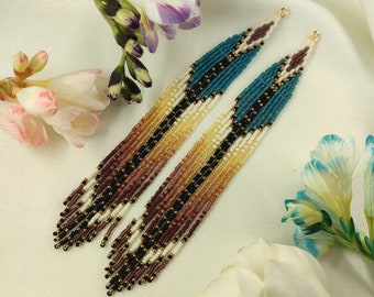 Beaded ombre Bohemian fringe earrings Seed bead long natural color palette turquoise orange dangle earrings