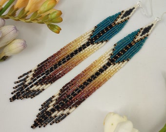 Beaded ombre Bohemian fringe earrings Seed bead long natural color palette turquoise orange native dangle earrings
