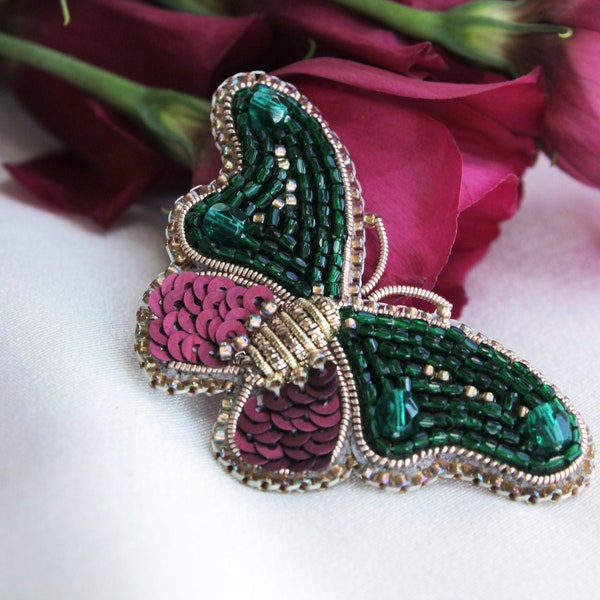 Beaded burgundy green butterfly brooch Seed bead embroidery insect pin
