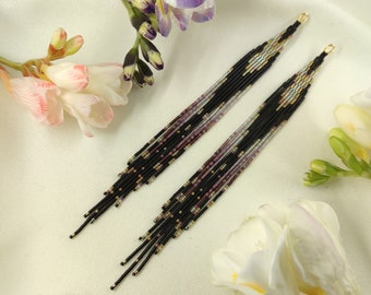 Black bronze purple burgundy Delica seed beads fringe long earrings Boho Bohemian artisan ombre