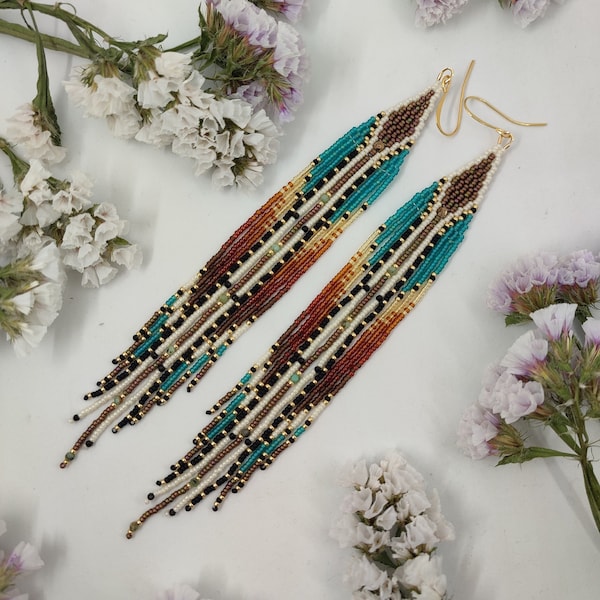 Beaded ombre Bohemian fringe earrings Seed bead long natural color palette turquoise brown native dangle earrings