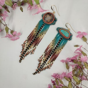 Unique artisan seed bead native fringe extra long earrings Turquoise Agate gemstone ombre dangle one of a kind earrings from Armenia