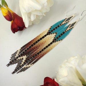 Miyuki Delica seed bead fringe Bohemian turquoise brown ombre long earrings Beadwork boho chic native artisan dangle earrings