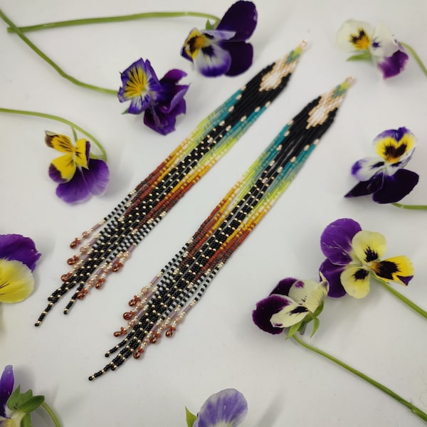 Native seed bead fringe earrings Extra long bright colorful statement boho earrings Bead woven handmade lightweight earrings