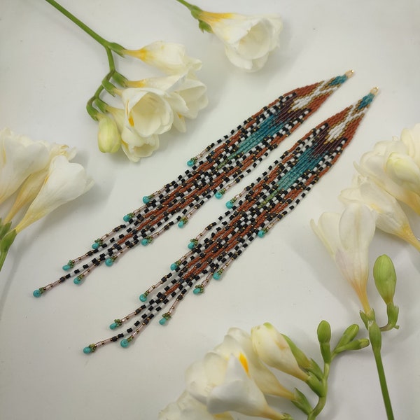 Seed bead fringe brown turquoise boho extra long artisan earrings Bohemian beadwork bead woven handmade jewelry