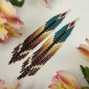 seed bead fringe Bohemian turquoise brown ombre long earrings Beadwork boho chic artisan dangle earrings