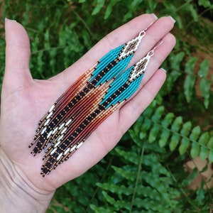 Beaded ombre Bohemian fringe earrings Seed bead long natural color palette turquoise orange native dangle earrings