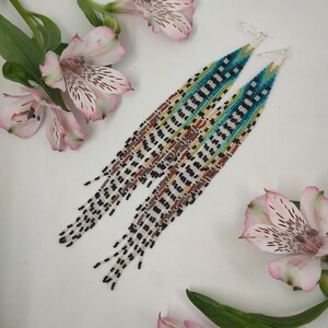 Native seed bead fringe earrings Extra long bright colorful statement boho earrings Bead woven handmade lightweight earrings