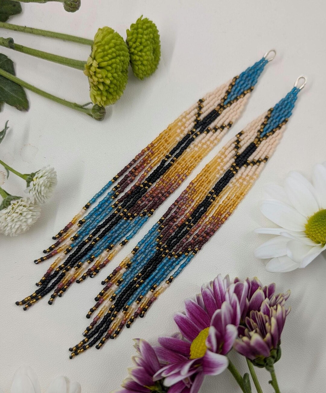 Seed Bead Fringe Bohemian Turquoise Brown Ombre Long Earrings Beadwork ...