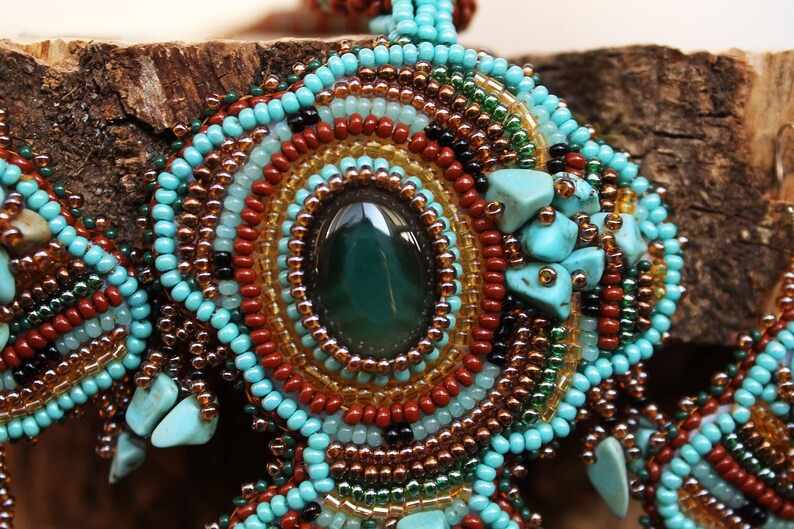 Beaded turquoise brown boho jewelry set Seed bead embroidery fringe earrings pendant Unique artisan jewelry Armenian native beadwork agate