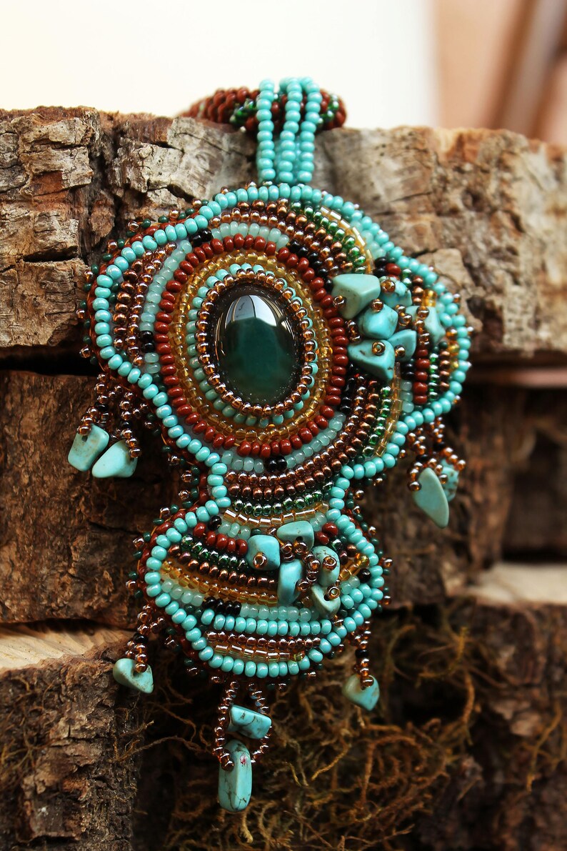 Beaded turquoise brown boho jewelry set Seed bead embroidery fringe earrings pendant Unique artisan jewelry Armenian native beadwork agate