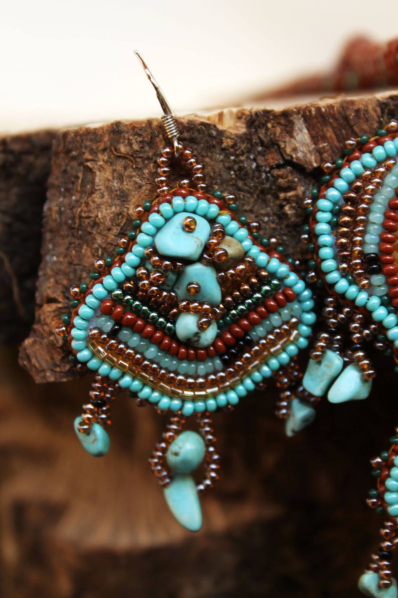 Beaded turquoise brown boho jewelry set Seed bead embroidery fringe earrings pendant Unique artisan jewelry Armenian native beadwork agate