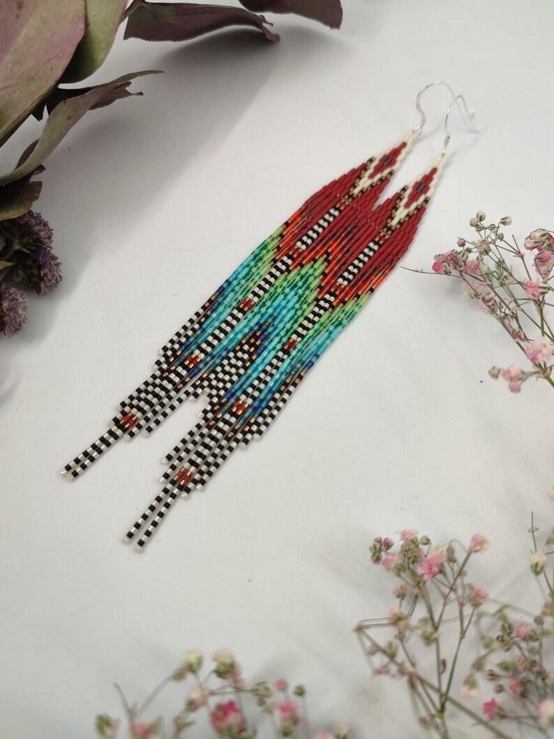 Native Seed Bead Fringe Earrings Extra Long Bright Colorful - Etsy