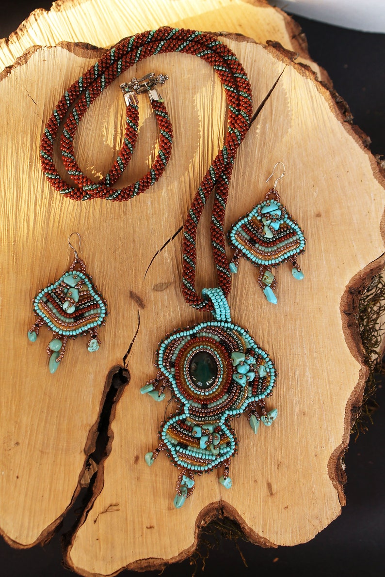Beaded turquoise brown boho jewelry set Seed bead embroidery fringe earrings pendant Unique artisan jewelry Armenian native beadwork agate