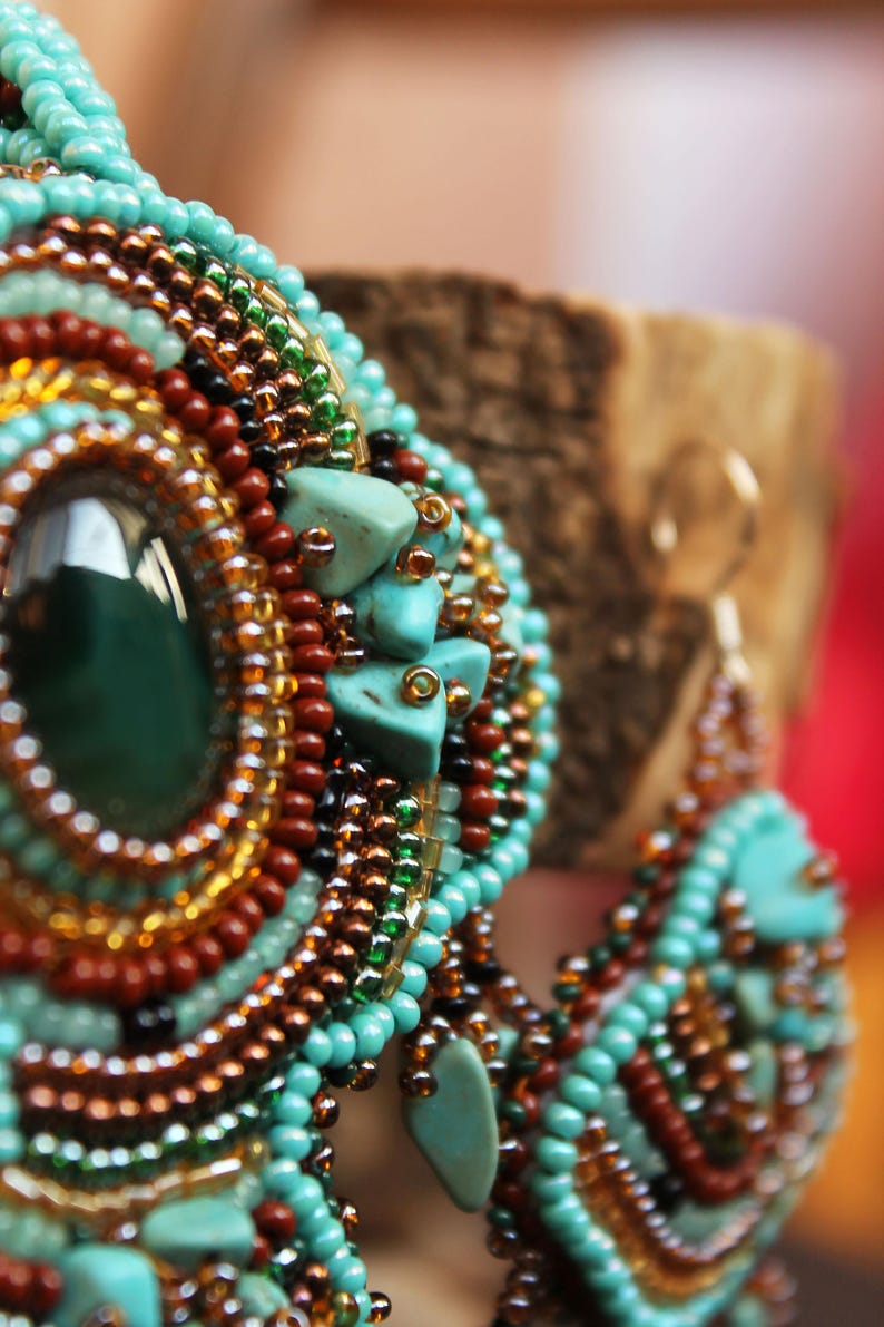 Beaded turquoise brown boho jewelry set Seed bead embroidery fringe earrings pendant Unique artisan jewelry Armenian native beadwork agate
