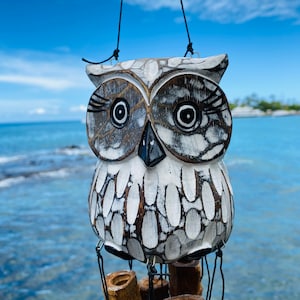 Owl Bamboo Wind Chime. Island Animal Natural Decor Outdoor Deck Patio Gentle Tropical Bamboo Forest Sound.