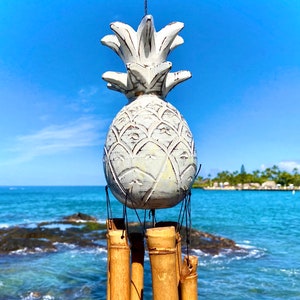 Pineapple Bamboo Wind Chime. Hand Crafted Gift of Hawaii Island Decor. Outdoor Deck Patio Gentle Tropical Pacific Bamboo Sound