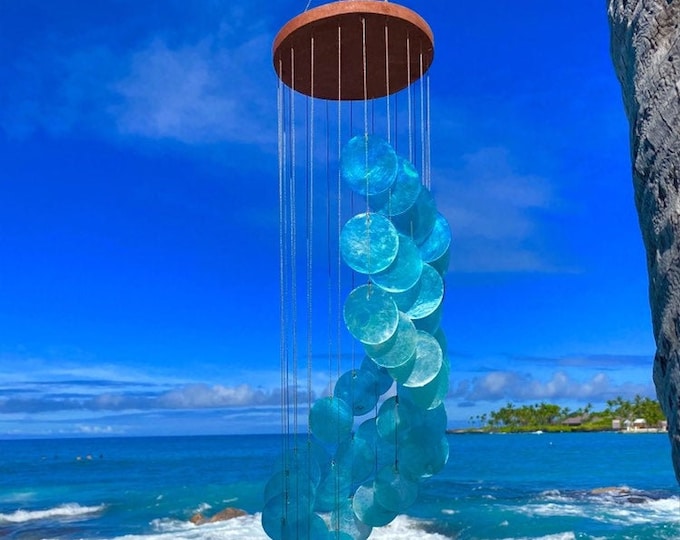 Featured listing image: Capiz Shell Wind Chime Ocean Nautical Decor. Sea Blue Beach Cascade Helix Spiral. Gift of Hawaii