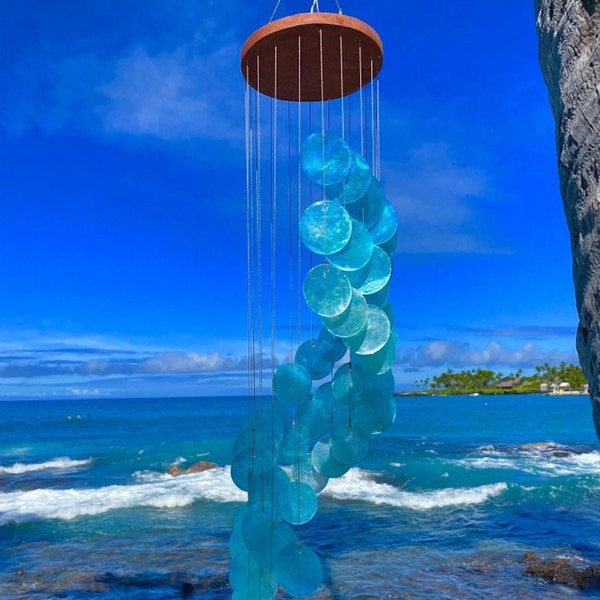 Capiz Shell Wind Chime Ocean Nautical Decor. Sea Blue Beach Cascade Helix Spiral. Gift of Hawaii