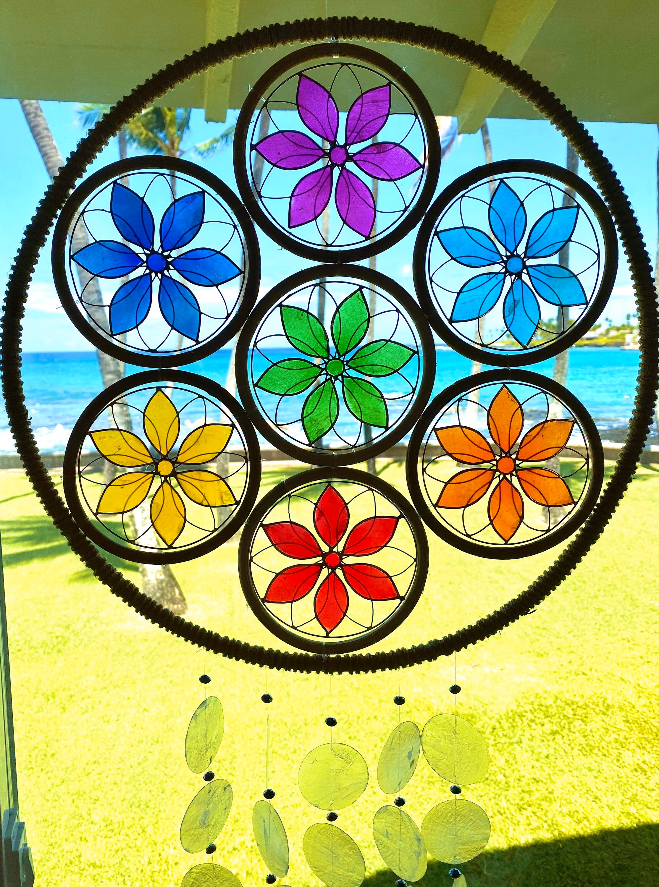 Jumbo Chakra Dream Sun Catcher. Rainbow Capiz Shells & Feathers