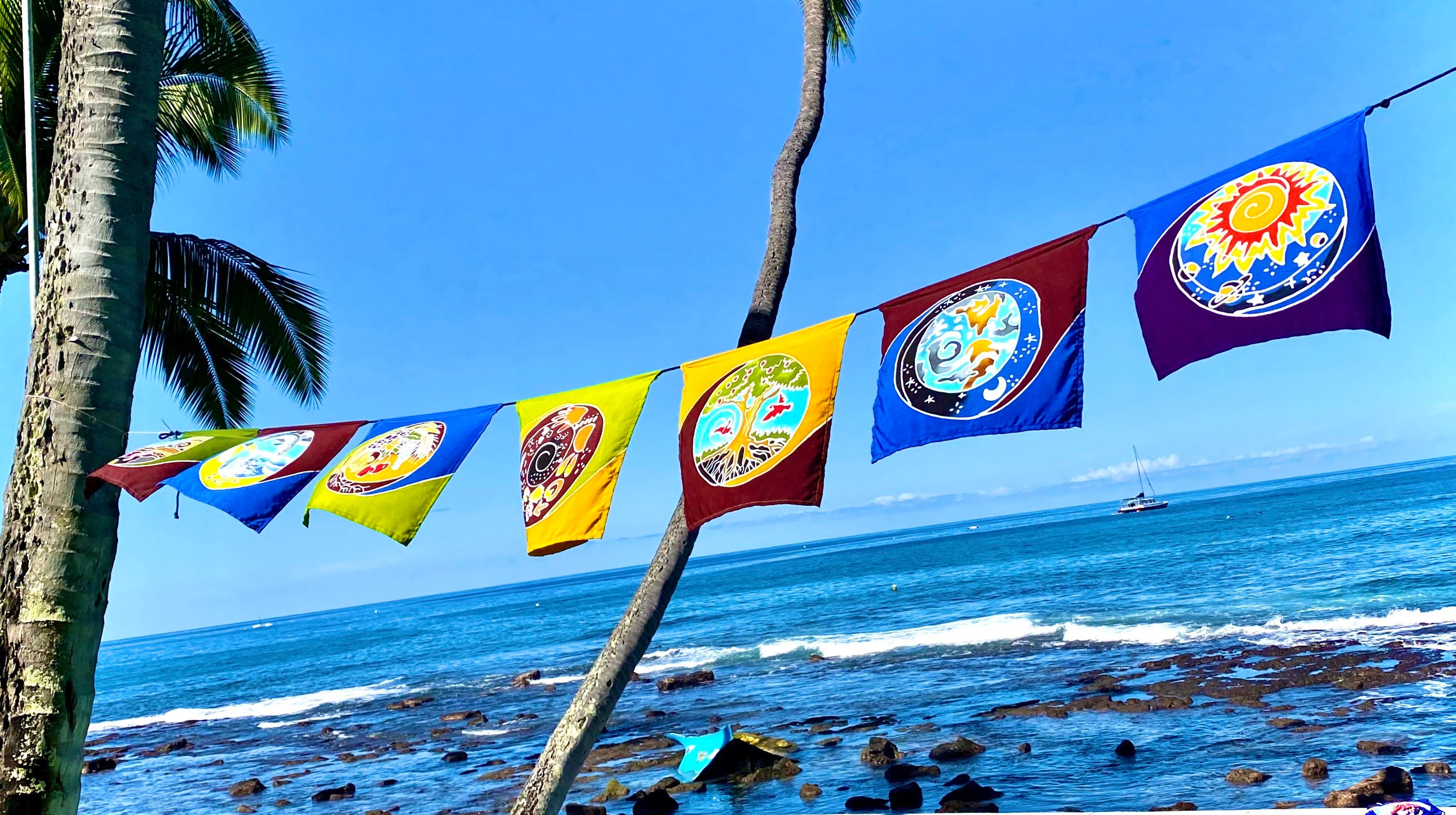 Nature in Balance Prayer Flag Hawaiian Designed Hand Painted. Spiritual