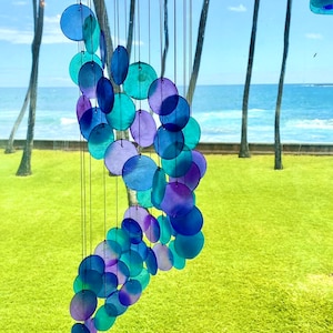 Capiz Shell Wind Chime Ocean Nautical Decor. Mermaid Rainbow Sea Blue Purple Color. Beach Cascade Helix Spiral. Gift of Hawaii