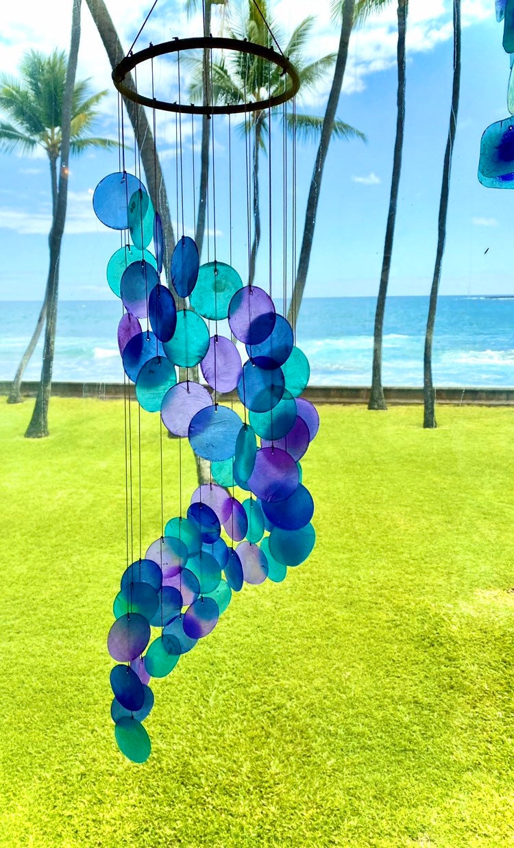 Capiz Shell Wind Chime Ocean Nautical Decor. Mermaid Rainbow Sea Blue Purple Color. Beach Cascade Helix Spiral. Gift of Hawaii