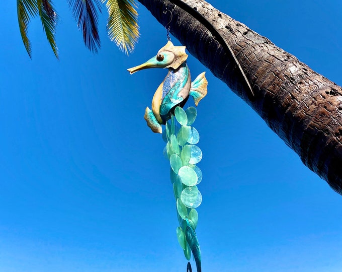 Seahorse Capiz Shell Wind Chime. Ocean Natural Nautical Decor.  Hammered Metal Art