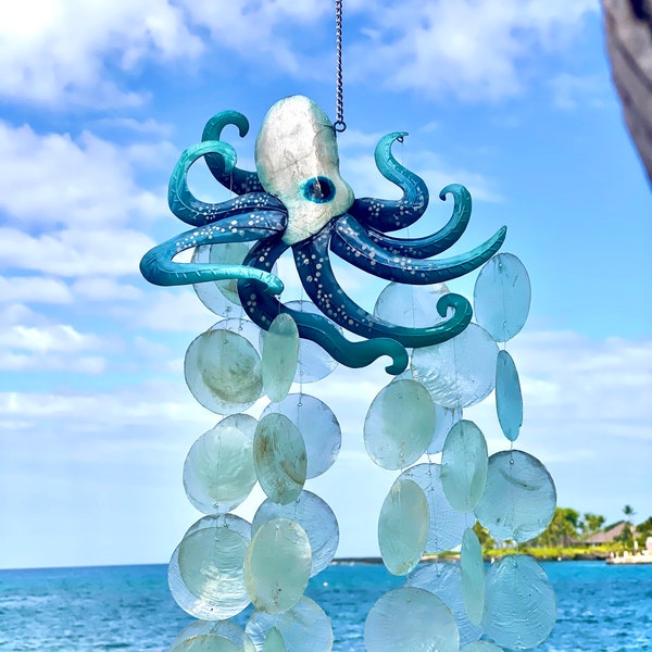 Octopus Capiz Wind Chime Ocean Nautical Decor.  Natural Capiz Shell. Hammered Metal Art