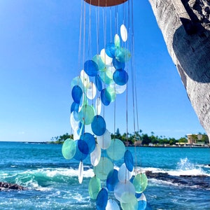 Capiz Shell Wind Chime Ocean Nautical Decor. Sea Blue and White Sea Foam Beach Cascade Helix Spiral. Gift of Hawaii