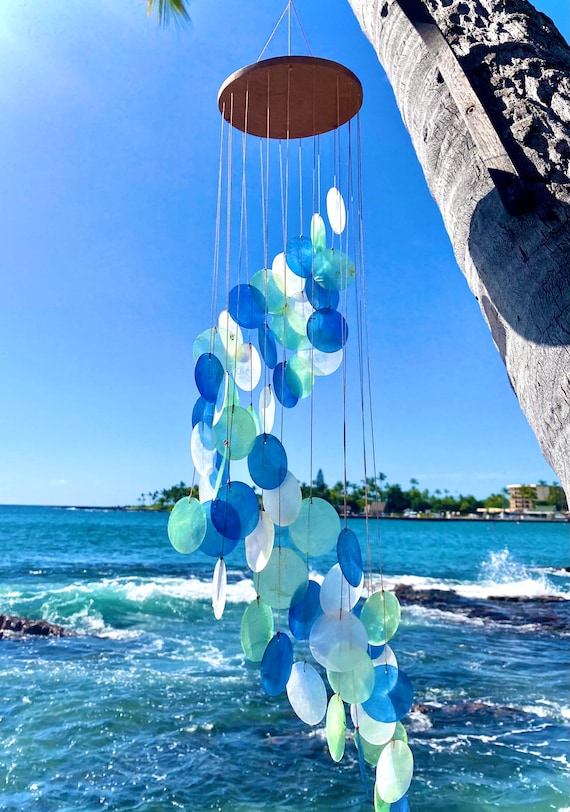 Capiz Shell Wind Chime Ocean Nautical Decor. Sea Blue and White