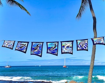 Ocean Mammals Prayer Flag Whale Dolphins Humpback Whale. Hand Batik Painted Spiritual Hawaiian Blessing