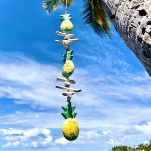 Pineapple Charm. Tropical Island Home Garden Decor. Wood curved Hawaiian Golden Pineapple Drift Wood & Stone. Wall Hanging Gift of Aloha..