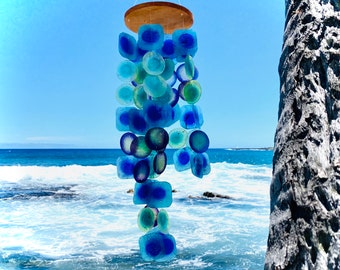 Capiz Shell Wind Chime Ocean Nautical Decor. Soothing Stream Sound of Hawaiian Breeze. Mermaid Peacock Rainbow Waterfall Color.