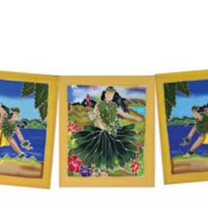 May include: A banner with seven colorful panels, each depicting a different figure in a tropical setting. The figures are wearing traditional clothing and are engaged in various activities, such as dancing, playing music, and fishing. The panels are connected by a string and are hanging from a hook.