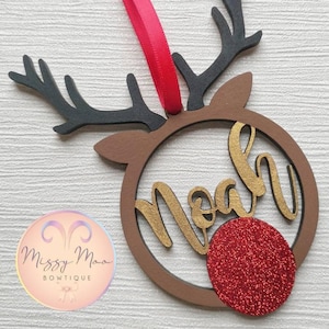 Personalised Reindeer Bauble , Christmas Decoration , Glitter Nose , Wooden Bauble , Custom Made, Xmas Gift