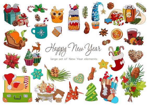 Large Set Of New Year Elements Christmas Collection Digital Etsy
