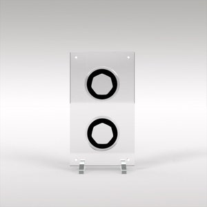 May include: A clear acrylic display case with two black octagonal coin holders. The case has a silver metal stand.