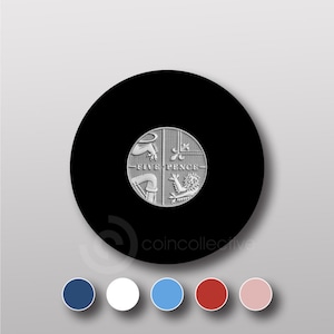 May include: A silver five pence coin from the United Kingdom, featuring a lion and a floral design. The coin is on a black background.